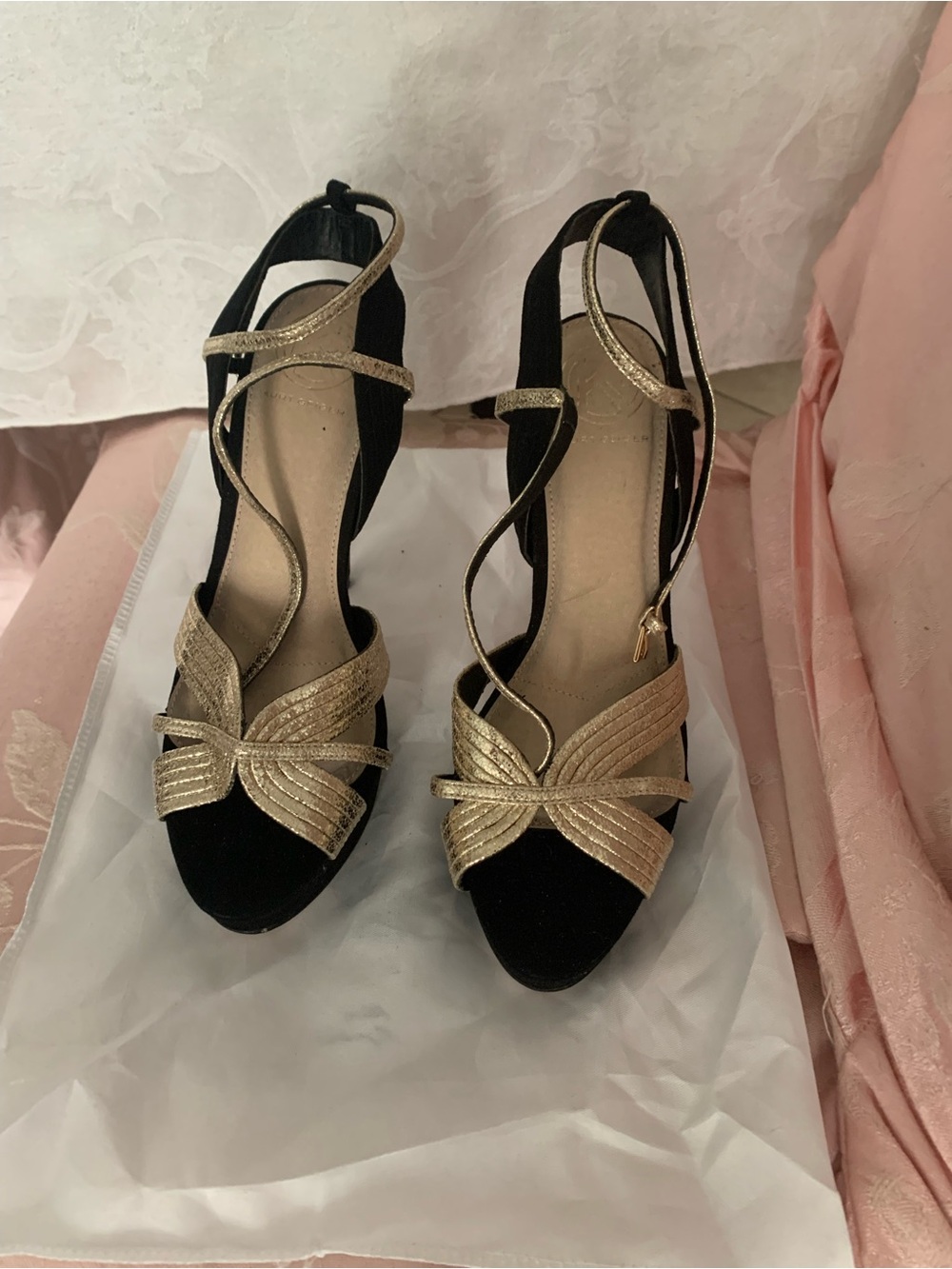 Kurt Geiger Black and Gold Strappy Knot Heels